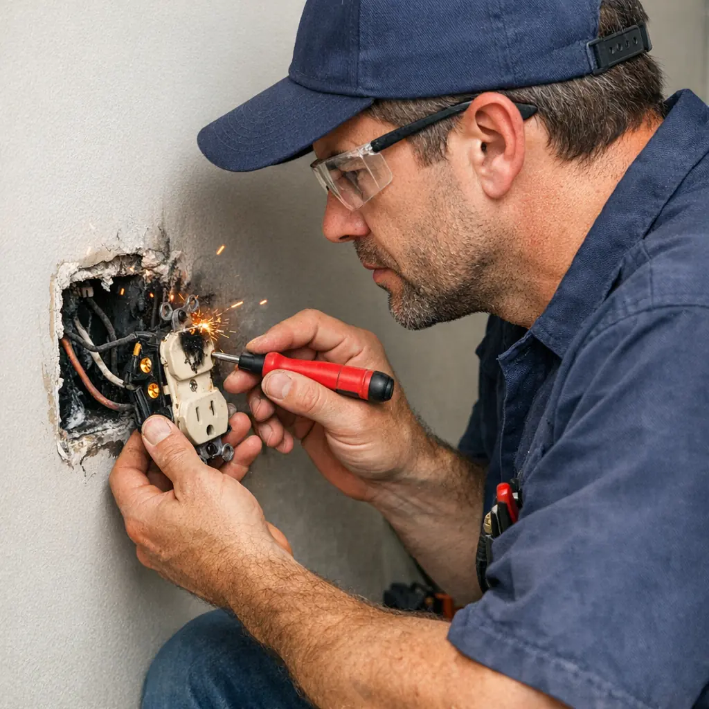 An electrician repairing a damaged wall outlet