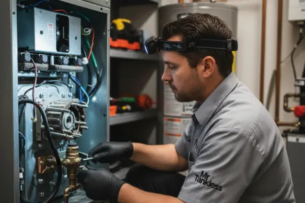 A Mr. Tankless technician inspecting a home furnace
