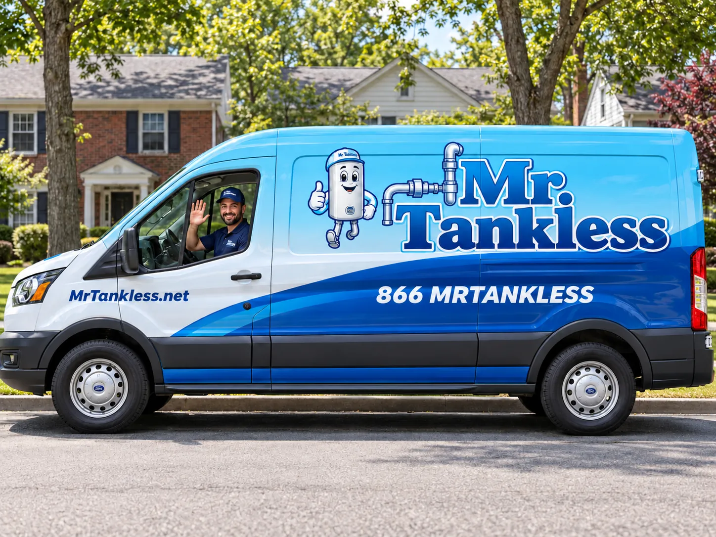 The blue Mr. Tankless service van outside a New Jersey home
