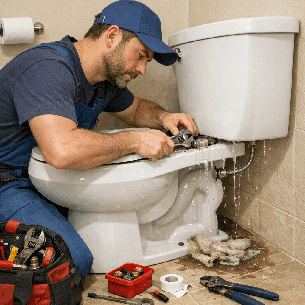 A plumbing technician repairing a toilet water connection
